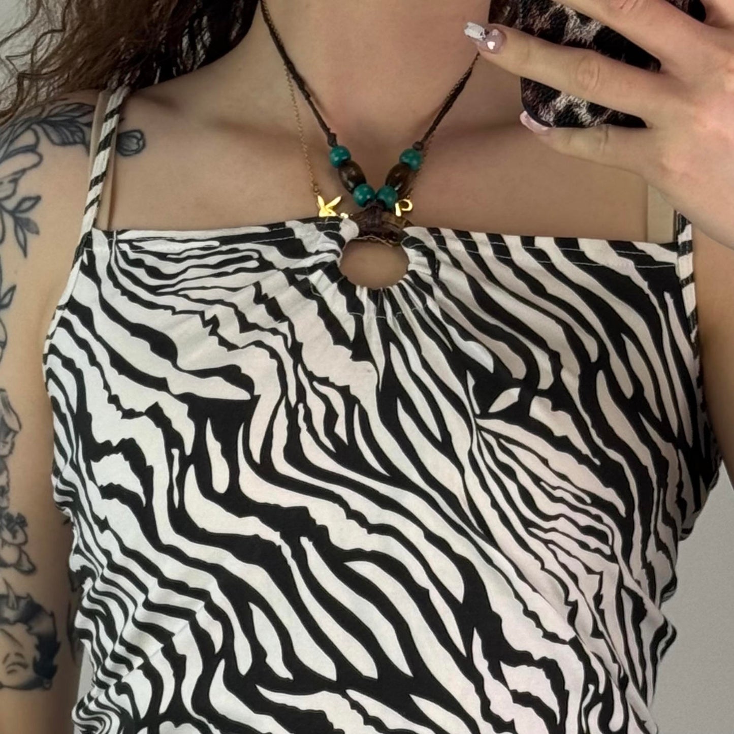 Y2K vintage halter neck zebra print cami top beaded o ring square neck tropical