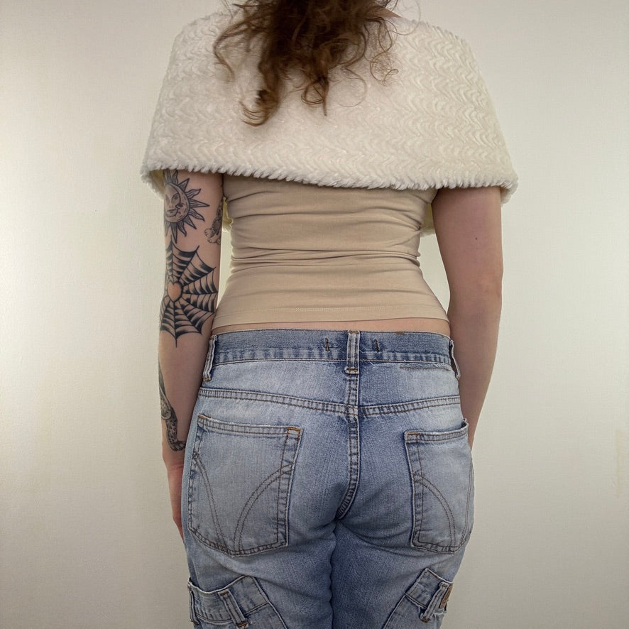 Y2K vintage white faux fur shawl cover up bow