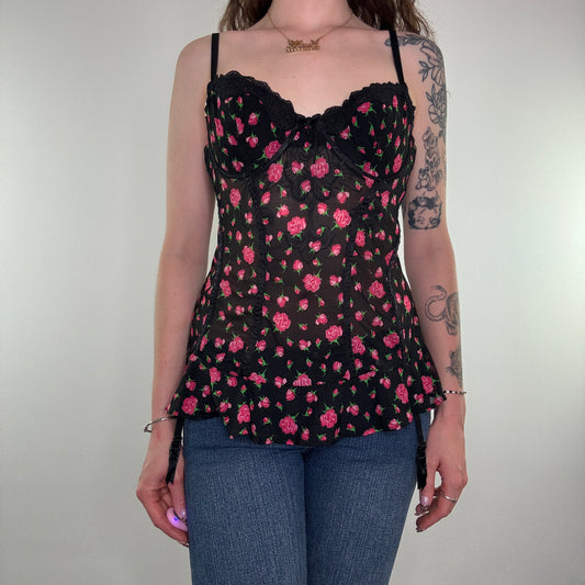 Y2K vintage mesh floral rose underwire floaty top babydoll