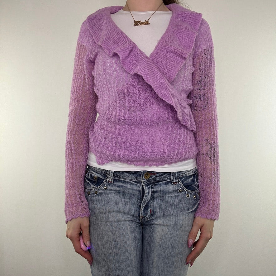 Y2K vintage crochet knit wrap around cardigan v neck long sleeve frill romantic