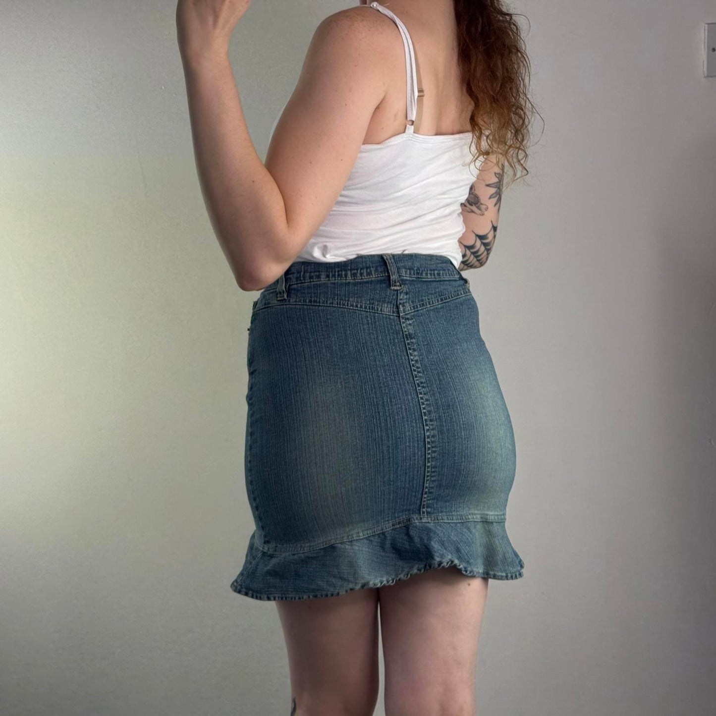 Y2K vintage Pilot faded denim mini skirt frill hem fitted stretchy