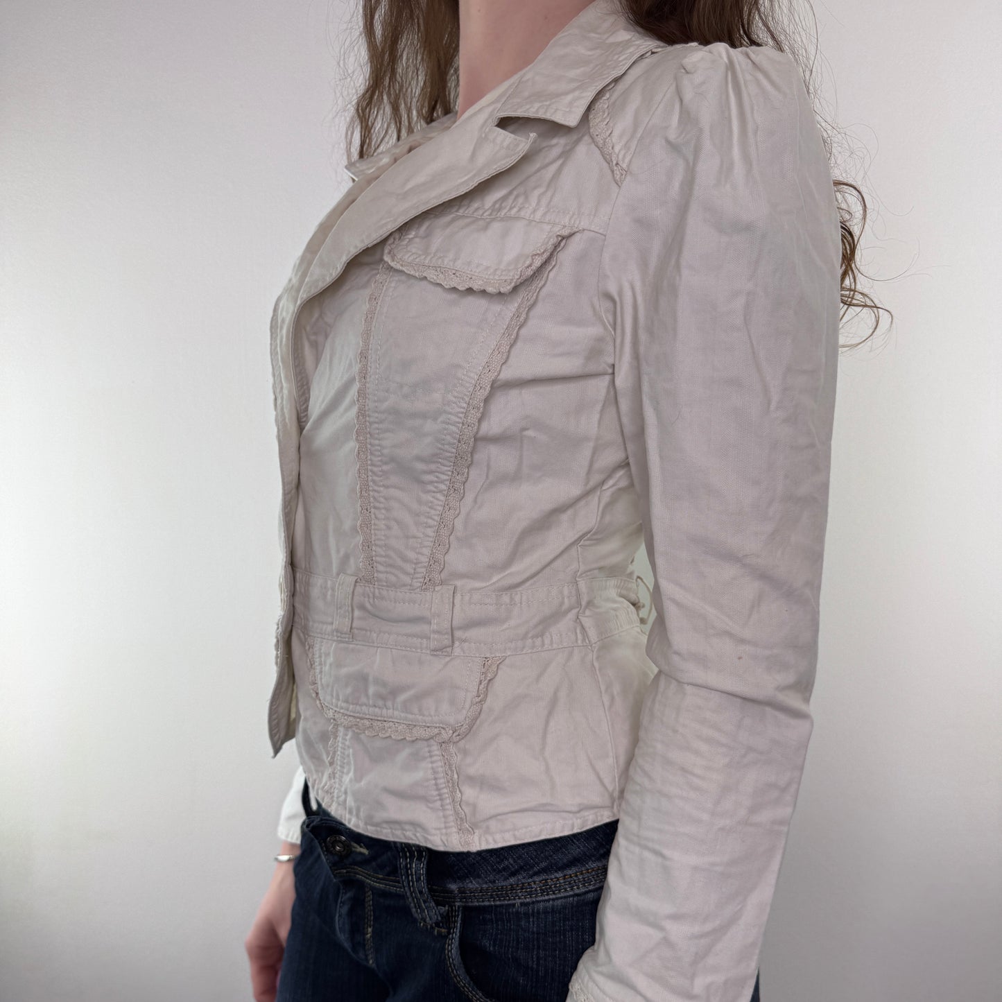 Y2K vintage fitted denim blazer frill knit trims button up jacket