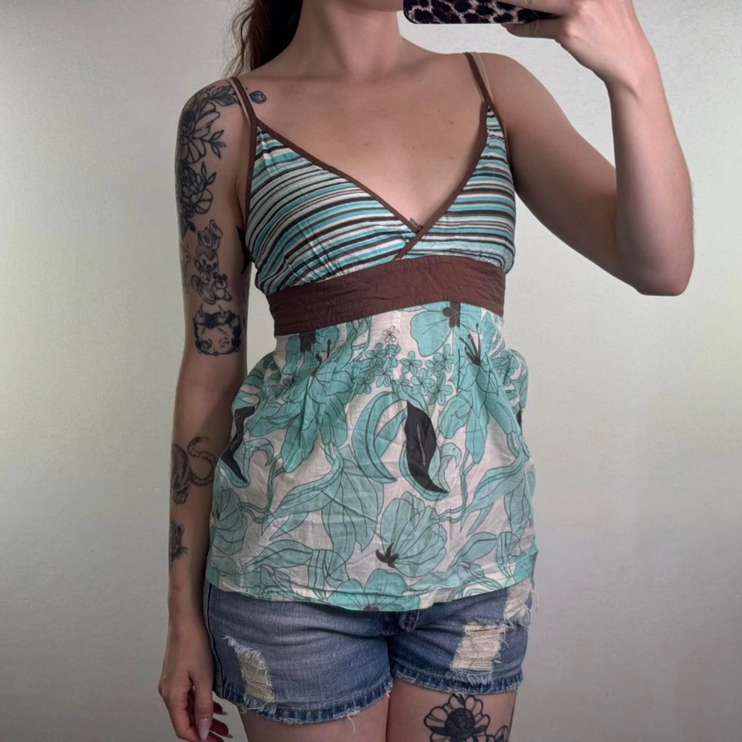 Y2K vintage stripe floral cami top adjustable tie back bow blue brown strappy