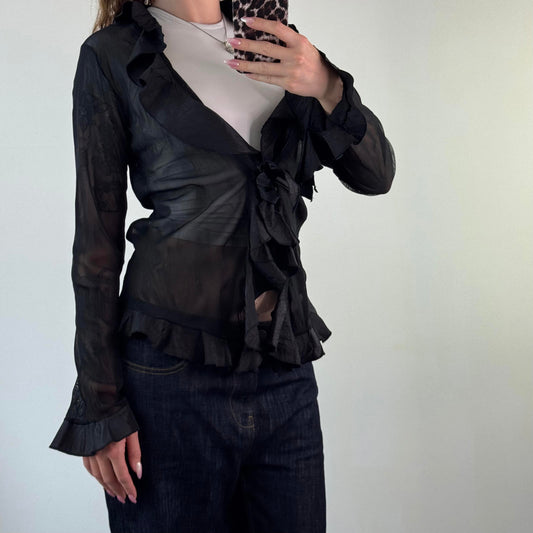 Y2K vintage sheer ruffle cardigan button up flare bell sleeve black v neck