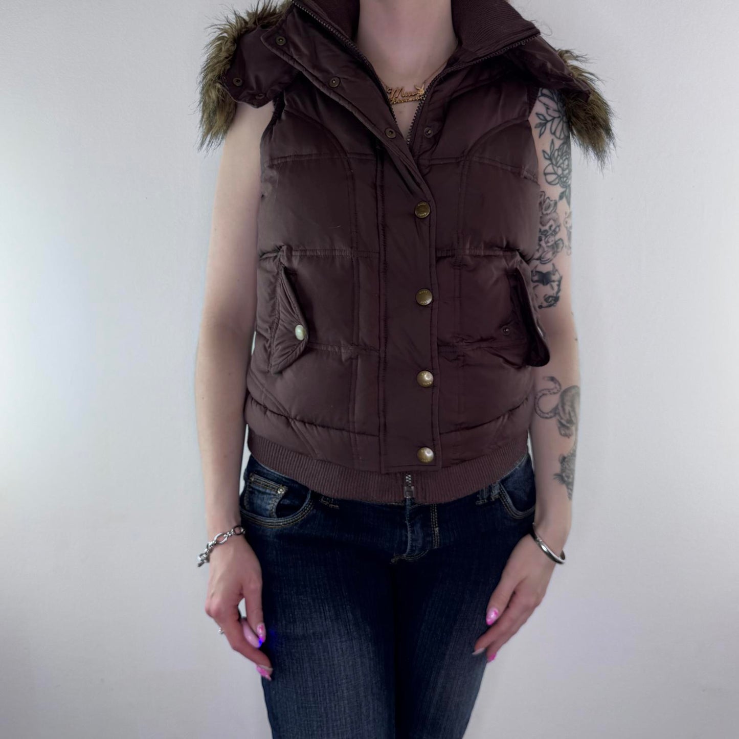 Y2K vintage padded faux fur trim gilet body warmer zip up feather down mcbling