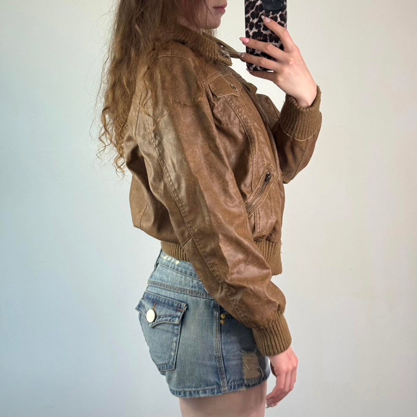 Y2K vintage faux leather bomber zip up jacket short slight crop utility archive
