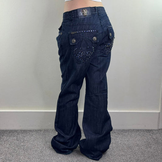 Y2K vintage Laguna Beach bootcut jeans filigree rhinestones skull dark blue