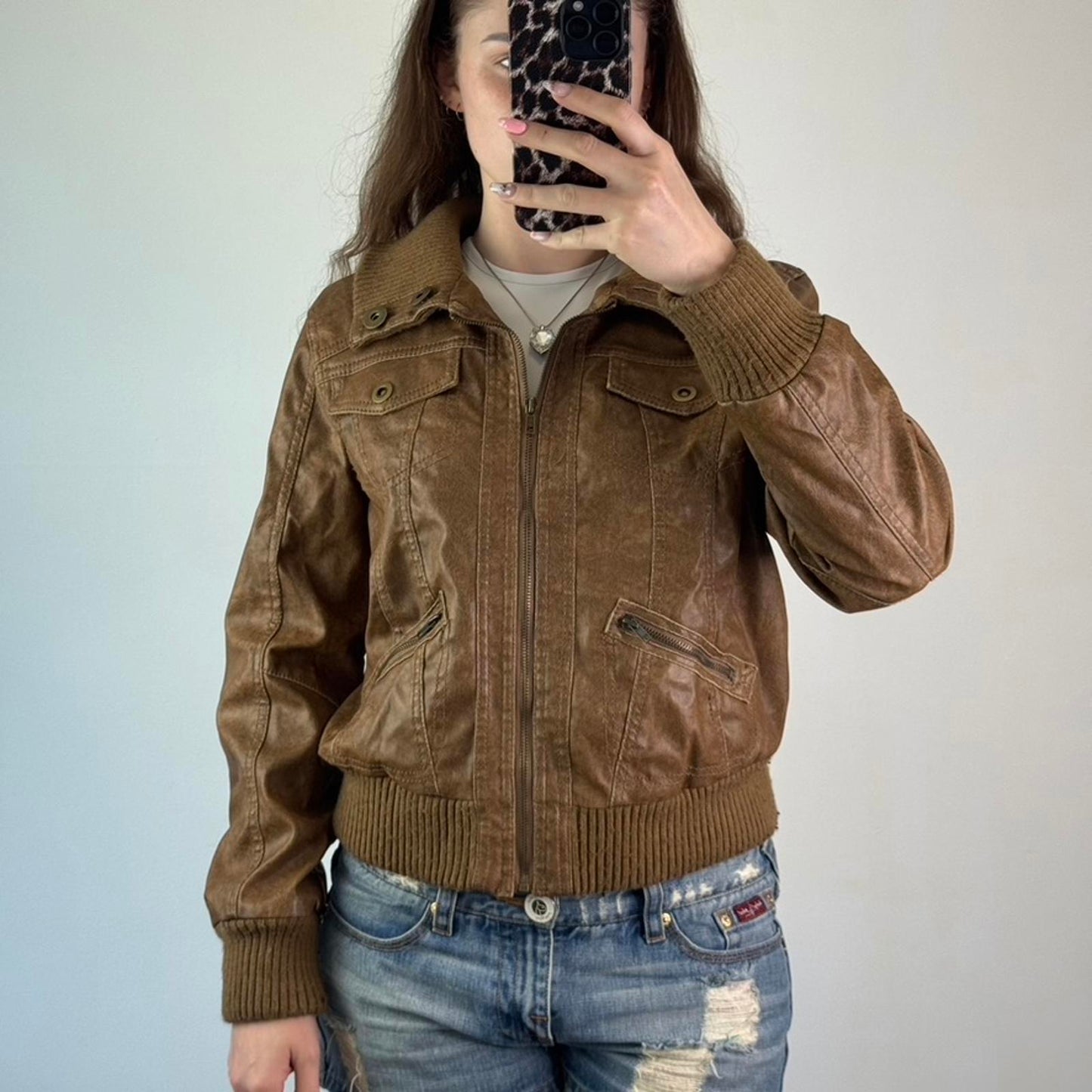 Y2K vintage faux leather bomber zip up jacket short slight crop utility archive