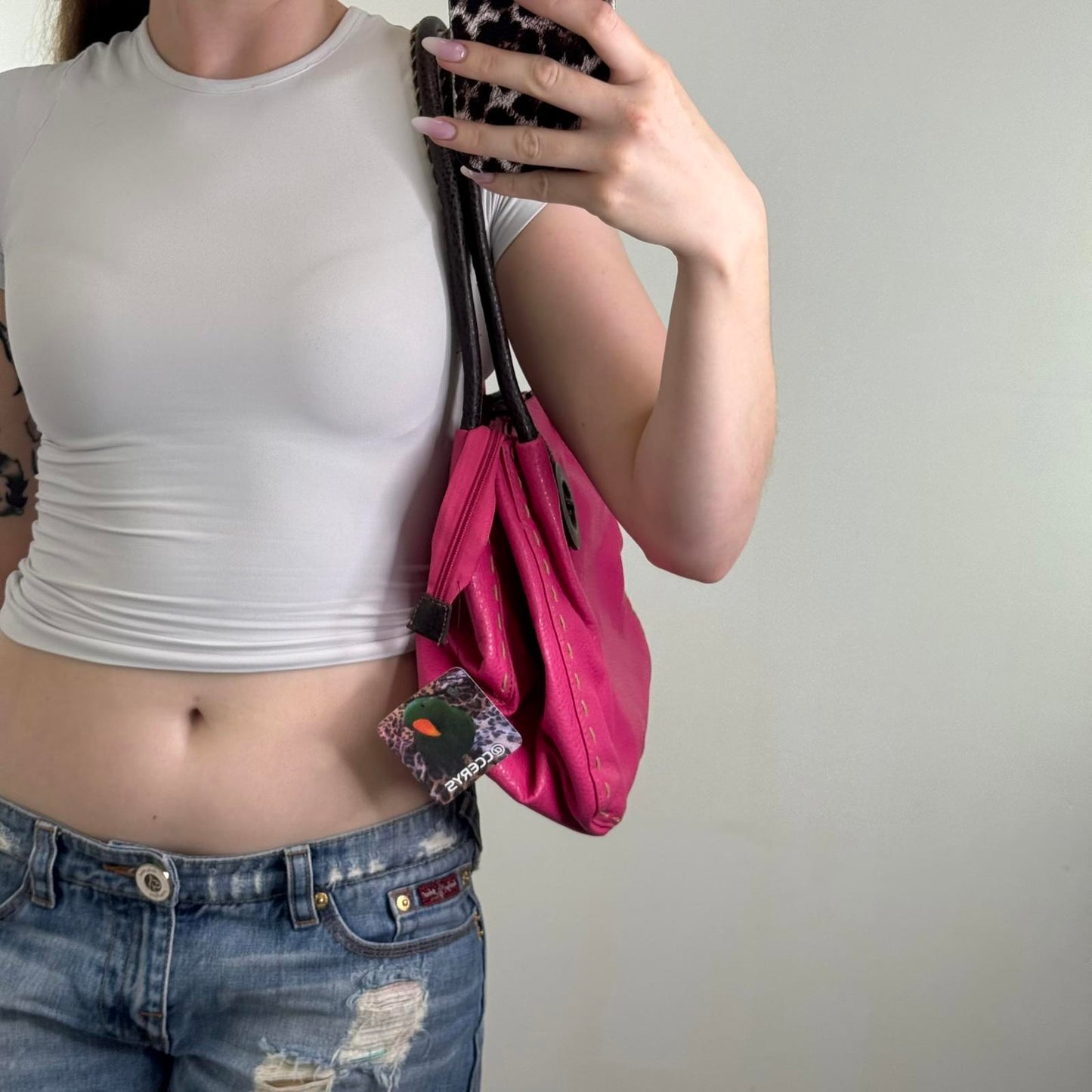 Faux leather shoulder bag big button contrast stitch hot pink brown