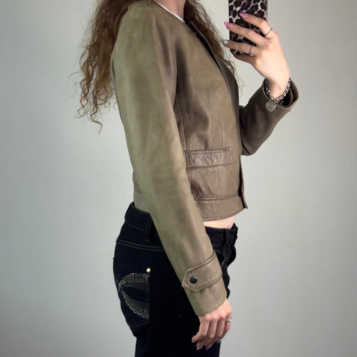 Y2K vintage genuine butter soft leather zip up jacket round neckline olive green