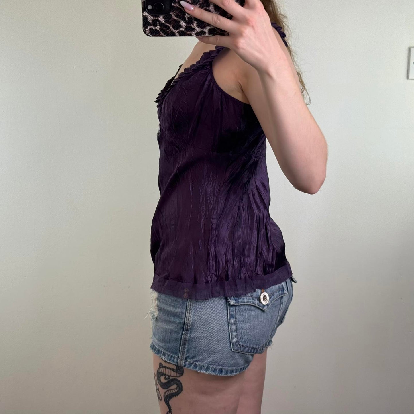 Y2K vintage satin crinkle cami top sequin embellished v neck flowy