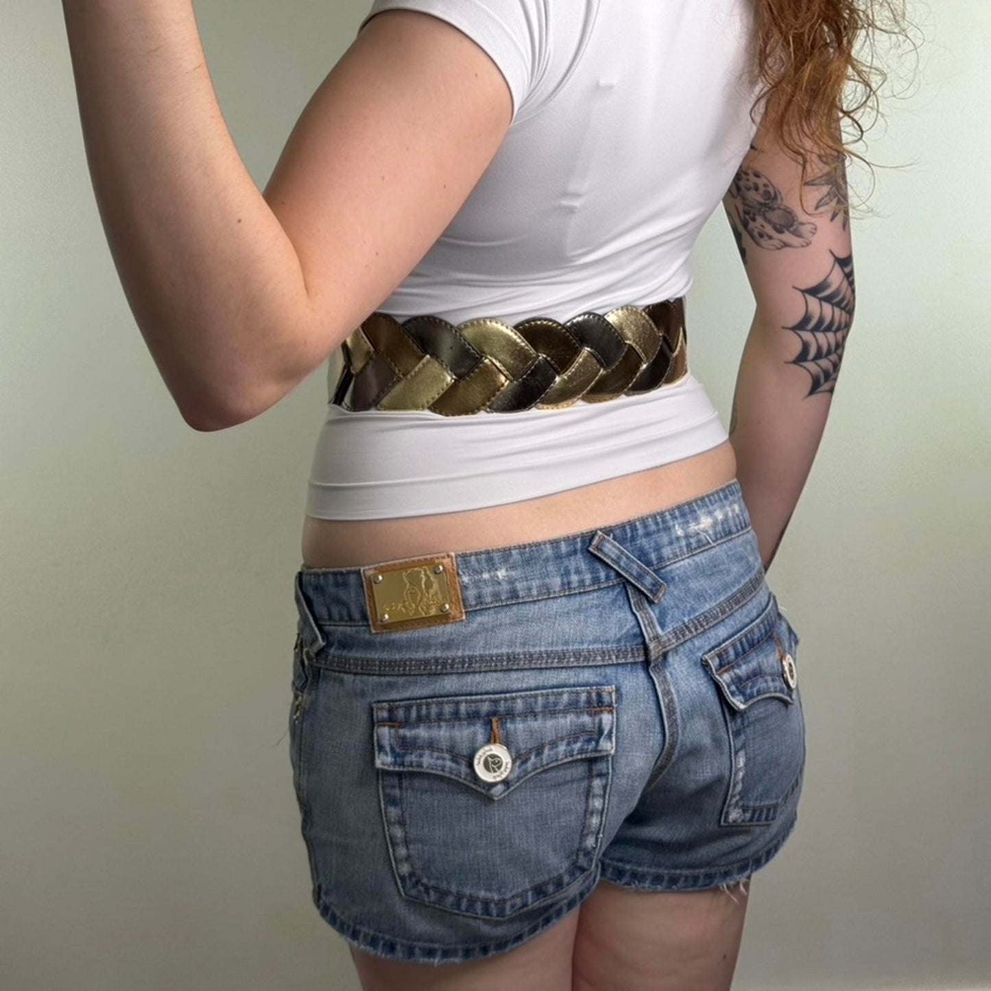 Y2K vintage woven chunky belt high waist silver gold faux leather