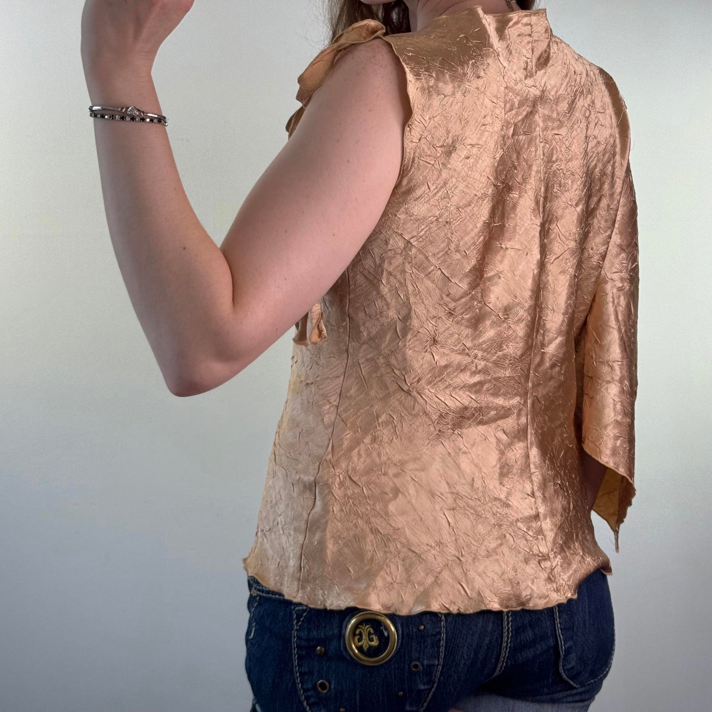 Y2K vintage gold one shoulder crinkle top 3/4 sleeve flare cowl neck bow party