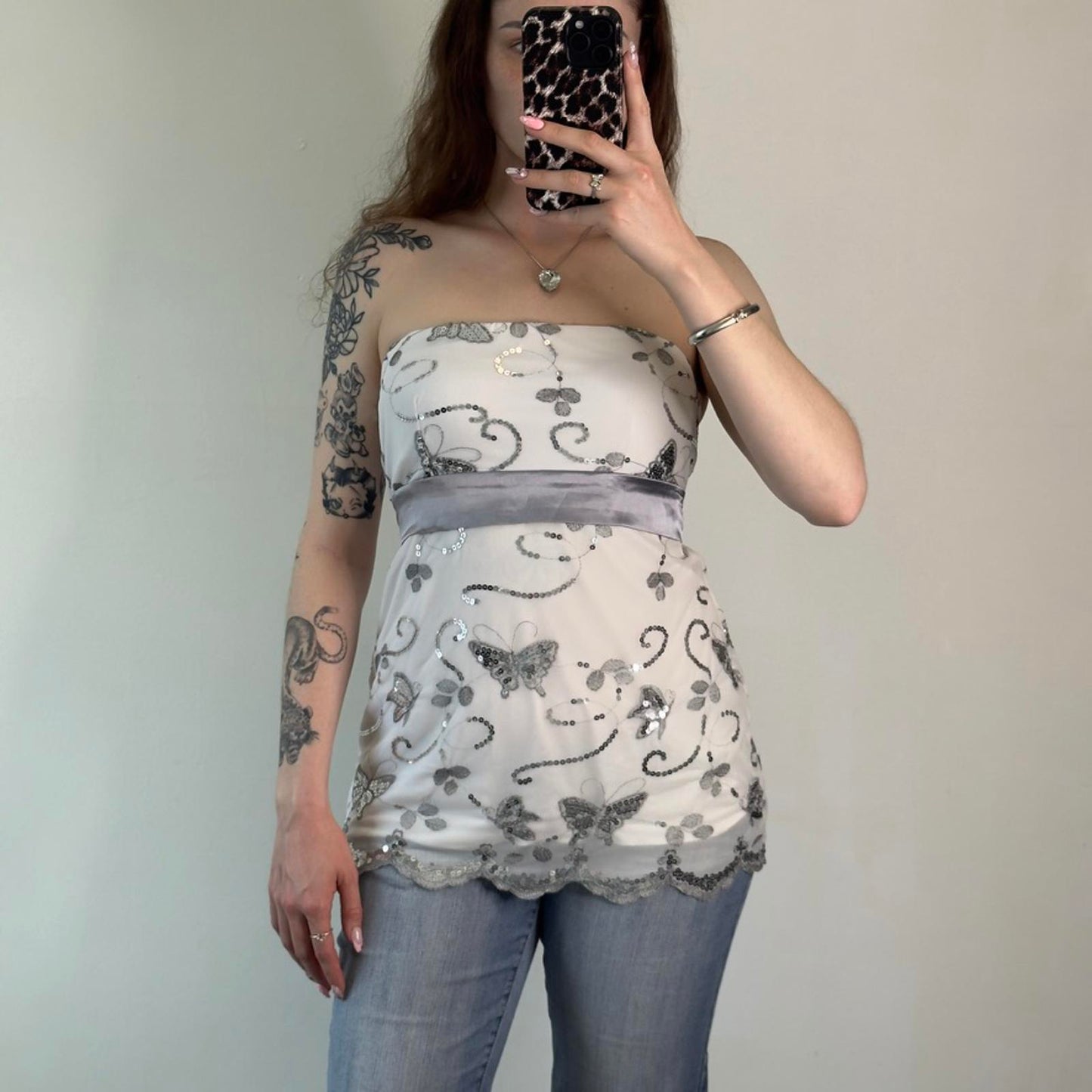 Y2K vintage strapless sequin butterfly mesh bow top festival summer party