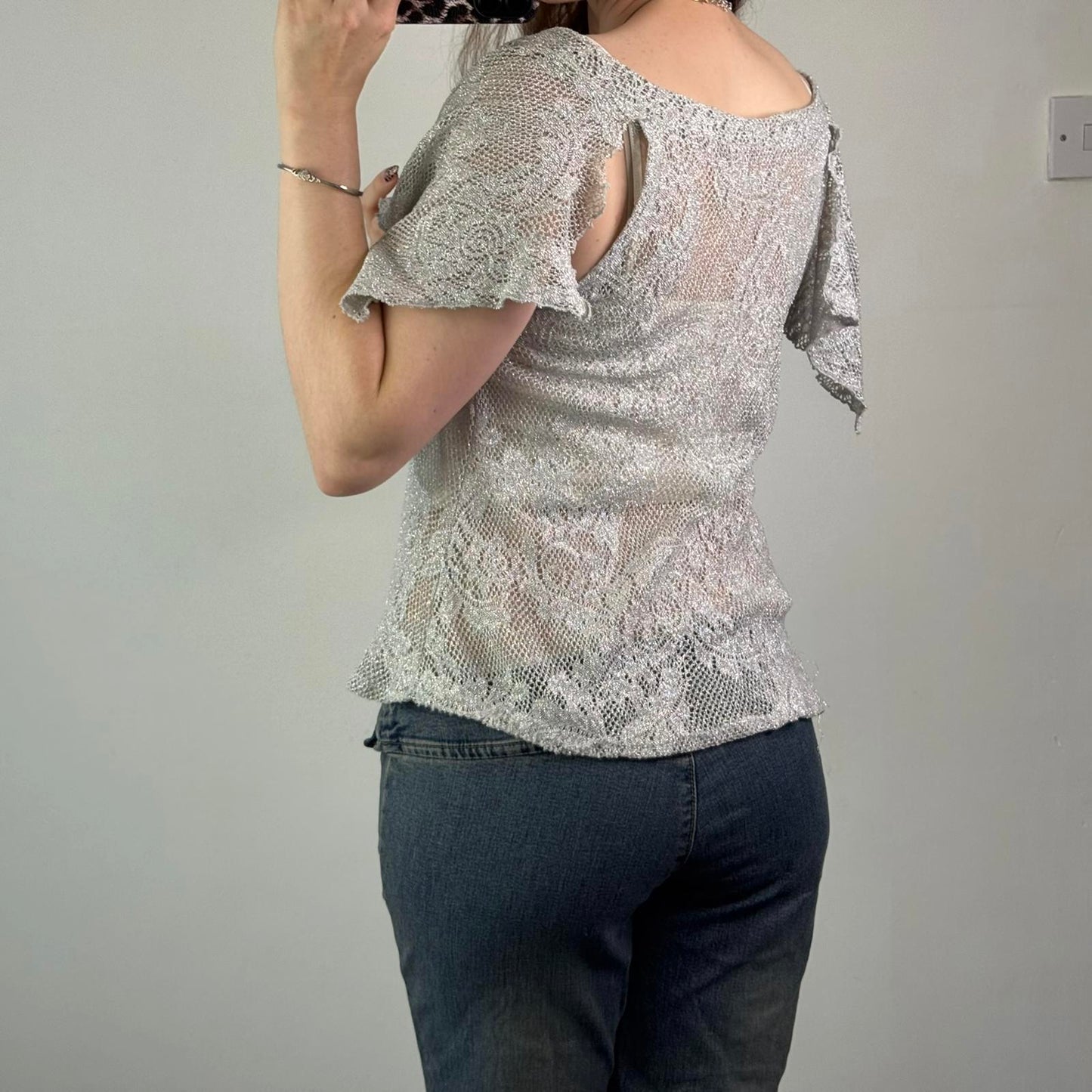 Y2K vintage sparkly knit top flare sleeve sheer low round neck silver frilly