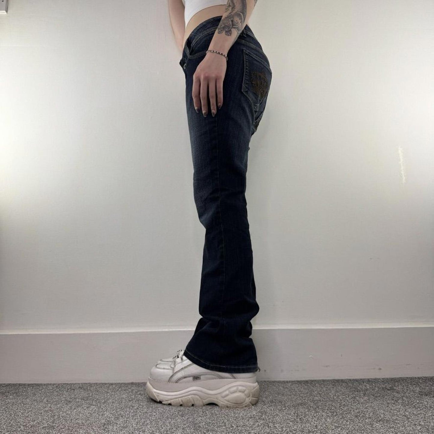 Y2K vintage low rise crown embroidered bootcut denim jeans dark blue faded