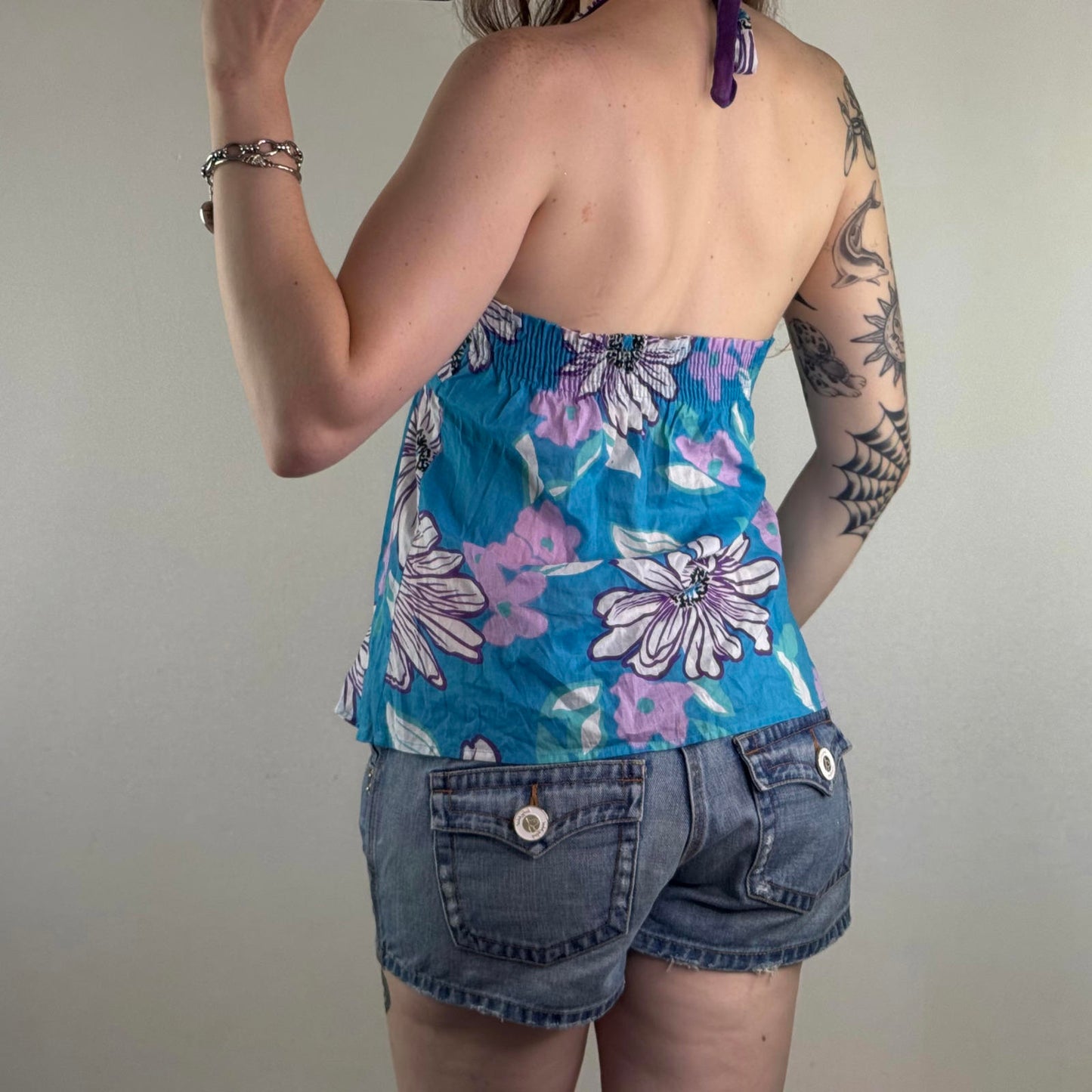 Y2K vintage halter neck floral v neck top beaded adjustable bow bust ruched