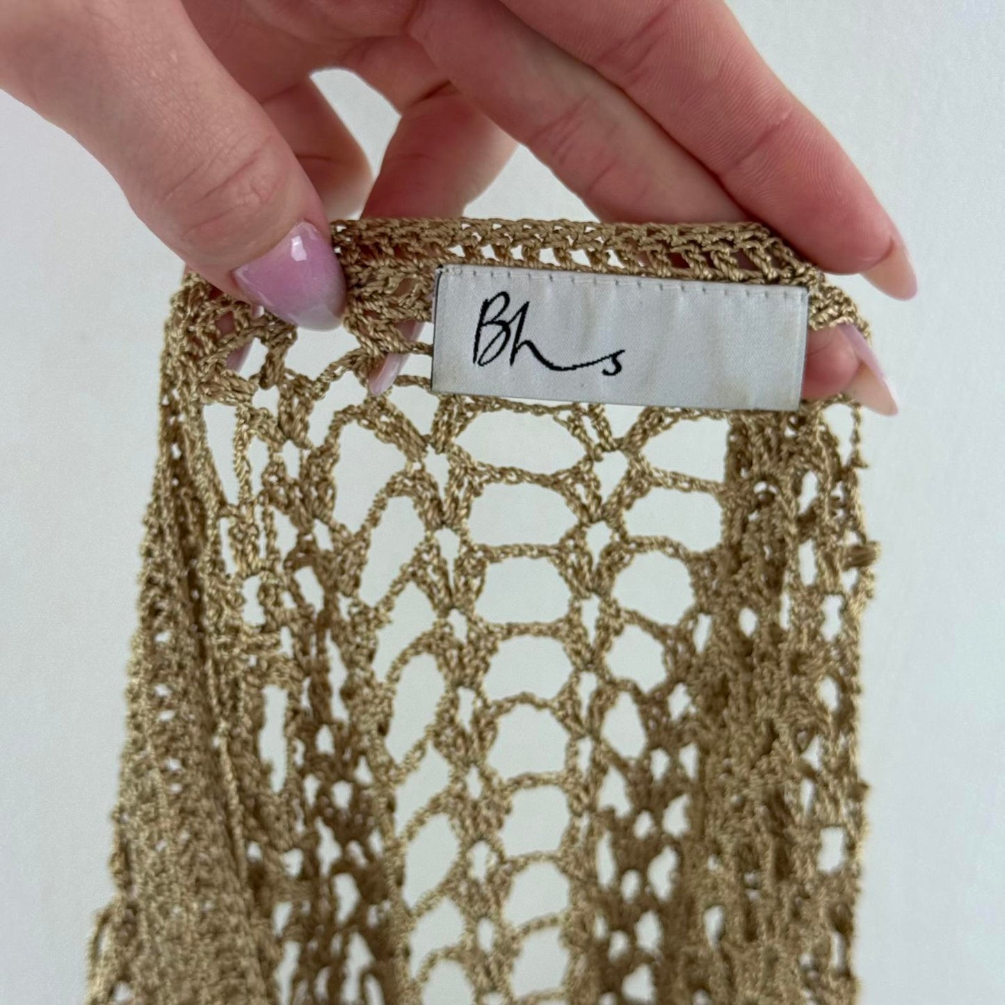 Y2K vintage crochet knit flare 3/4 sleeve top sheer round neck beige pattern
