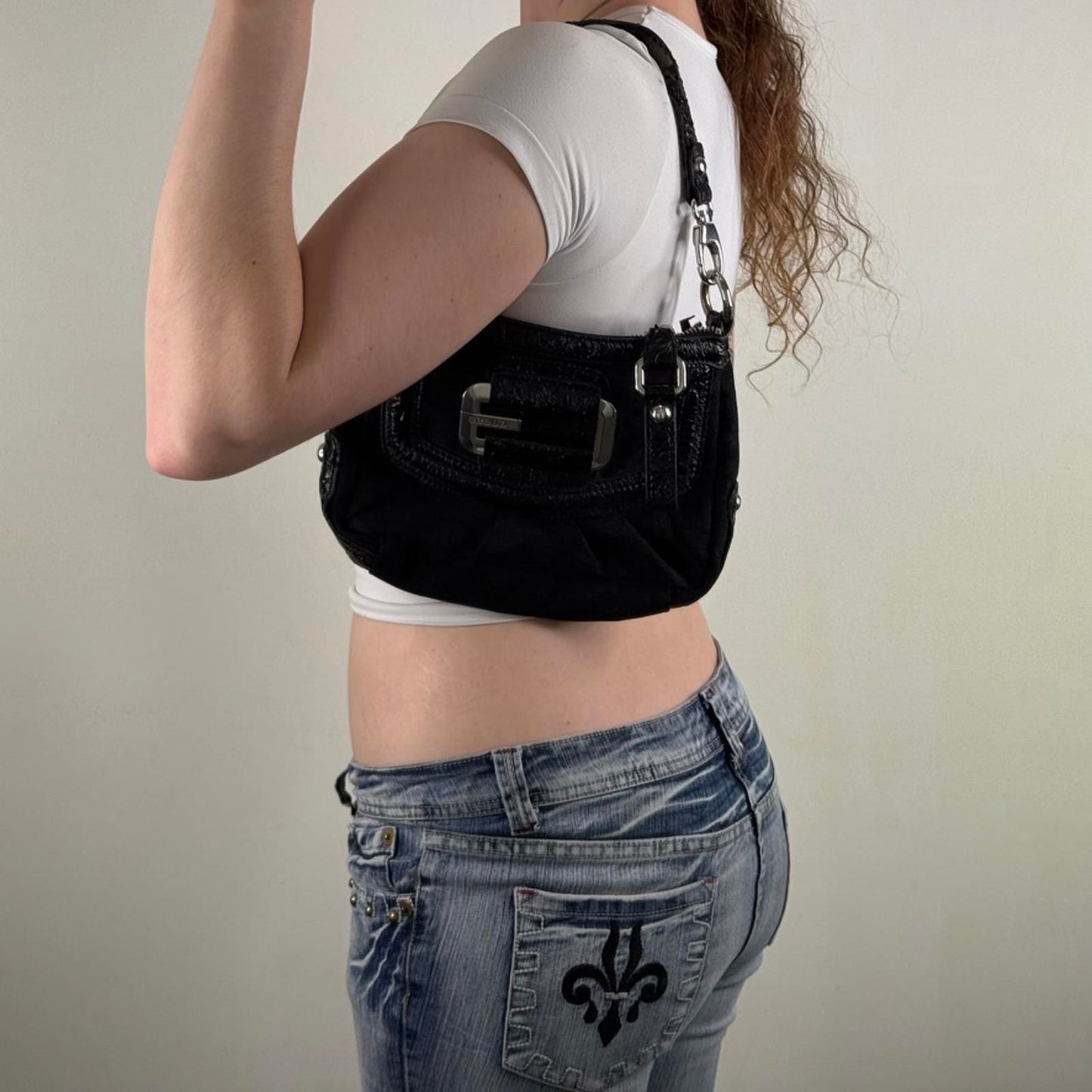 Y2K vintage Guess mini shoulder bag small black silver ruched studded canvas