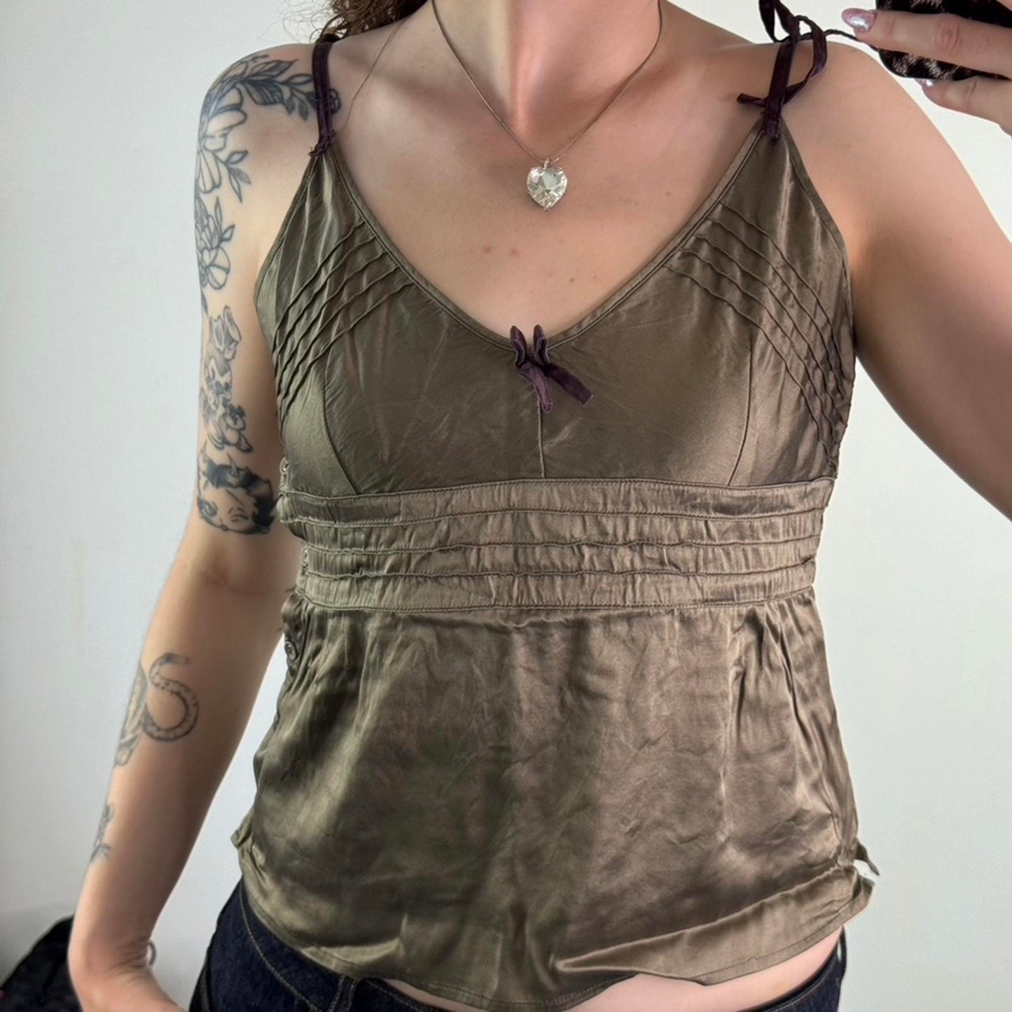Y2K vintage part silk cami top flowy floaty adjustable bow straps khaki v neck