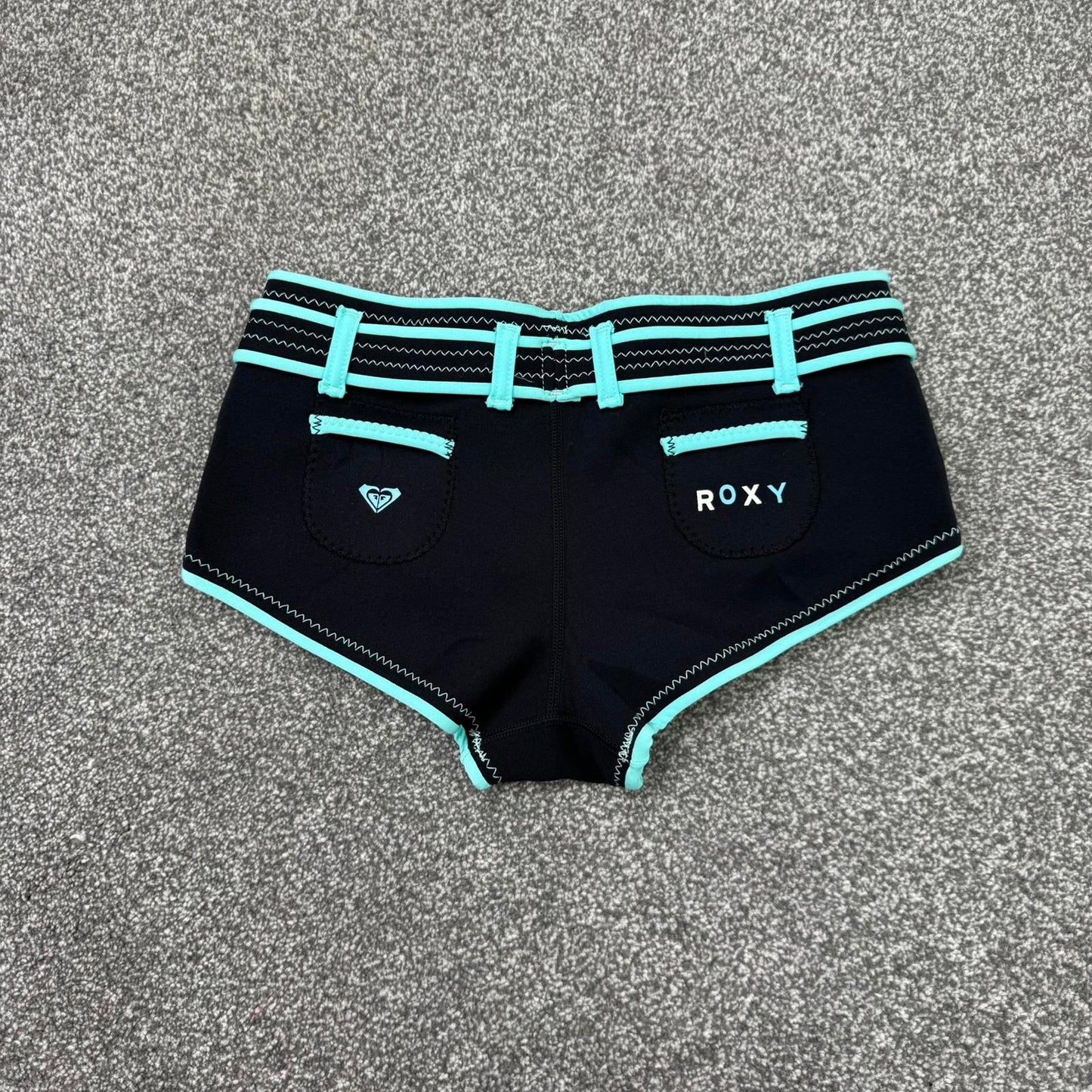 Y2K vintage Roxy hot pant shorts neoprene blend black blue mini