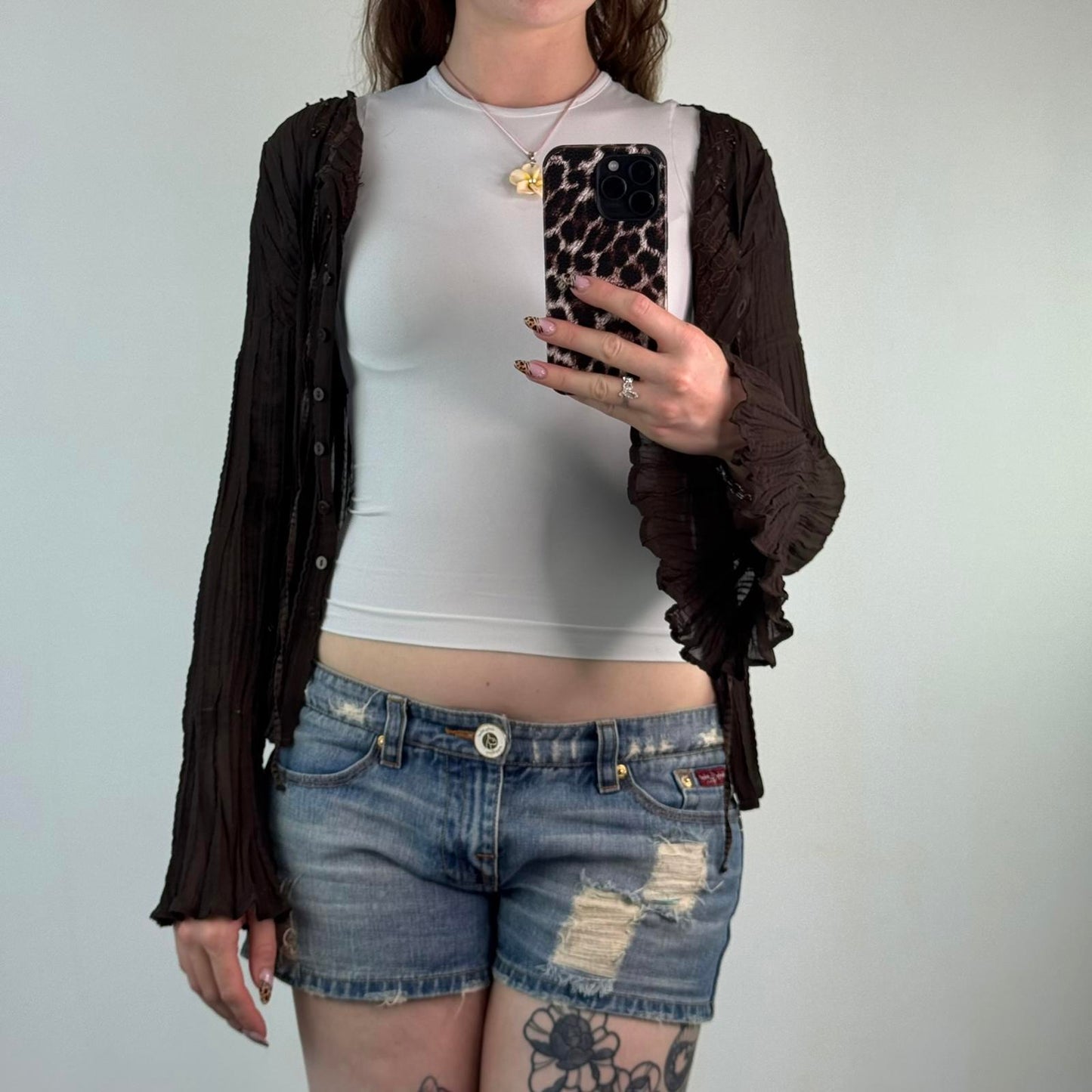 Y2K vintage sheer pleated button up blouse sheer floral embroidery beaded brown