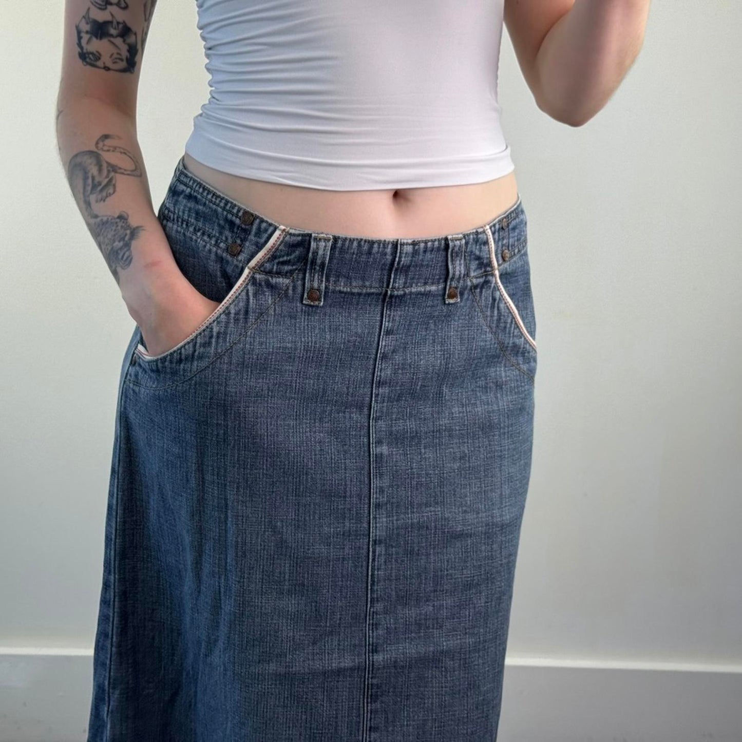 Y2K vintage a line faded denim midi skirt with side pockets