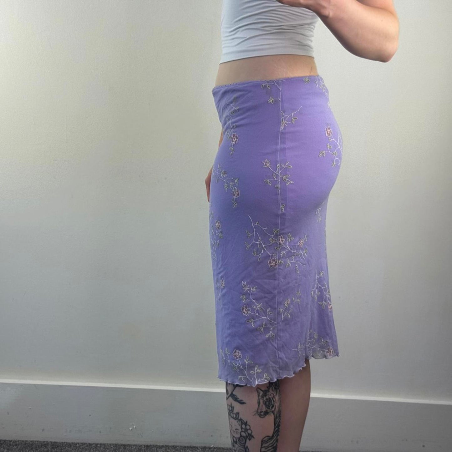 Y2K vintage lilac mesh ditsy floral midi skirt double layered lettuce hem