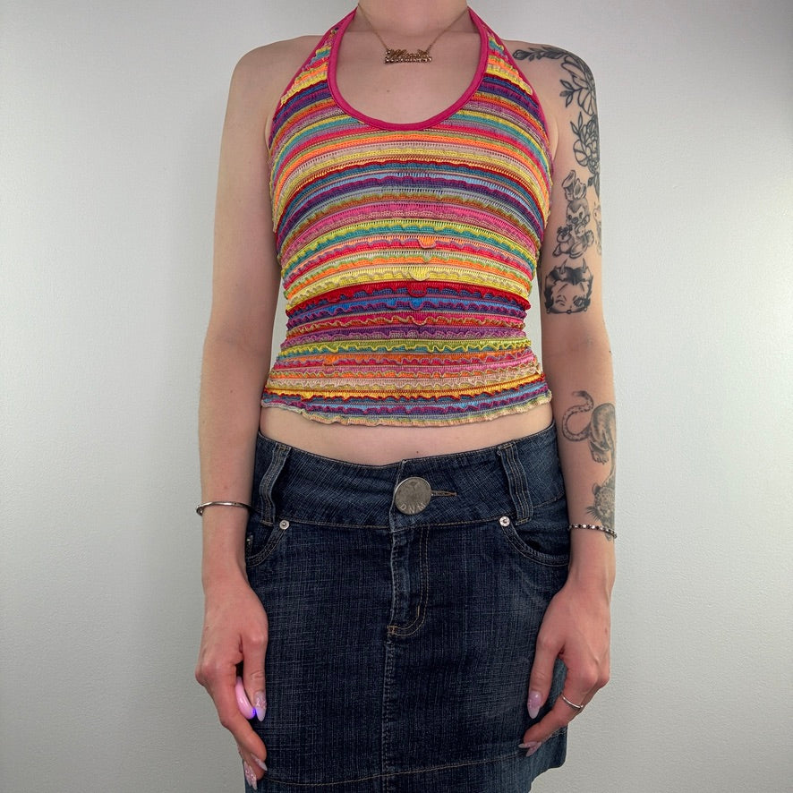 Y2K crochet style rainbow halter neck top