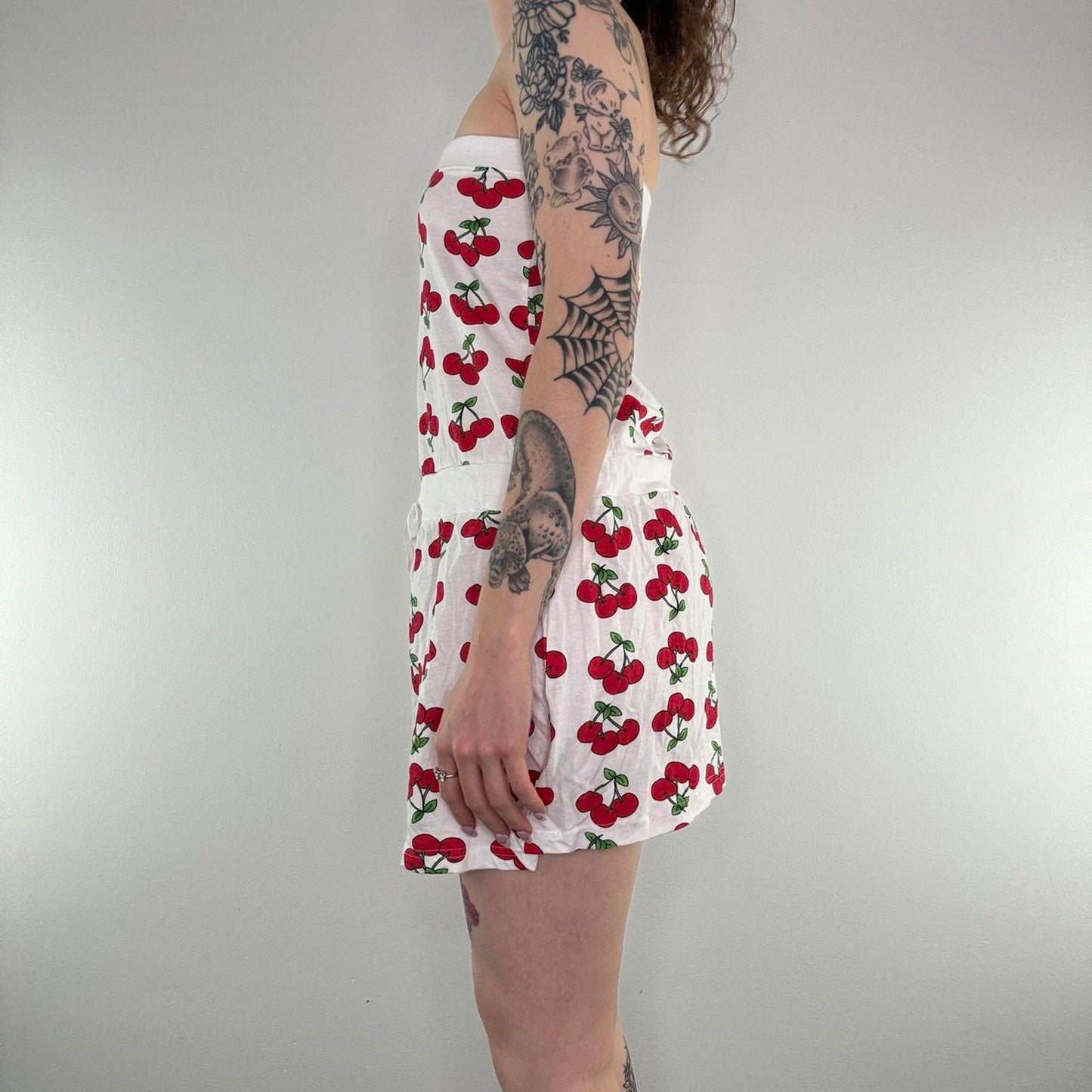 Y2K vintage cherry strapless mini dress stretchy jersey bow cherries print