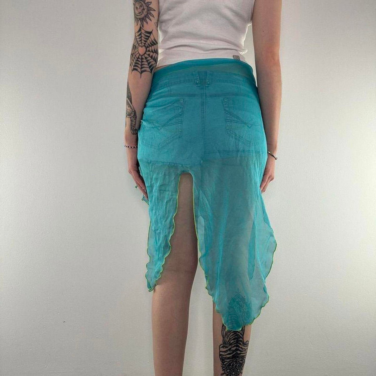 Y2K vintage sarong swim beach cover up sheer fairy bow blue green asymmetrical