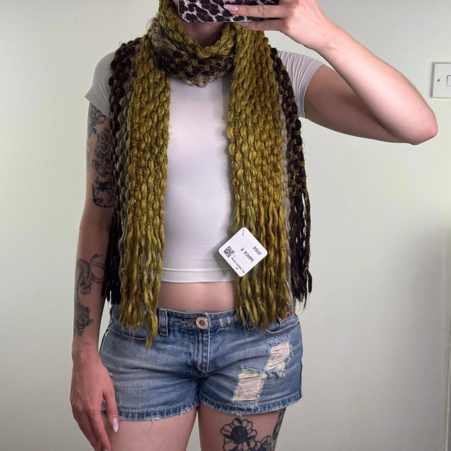 Y2K vintage chunky knit sparkly scarf two tone green brown tassel thick