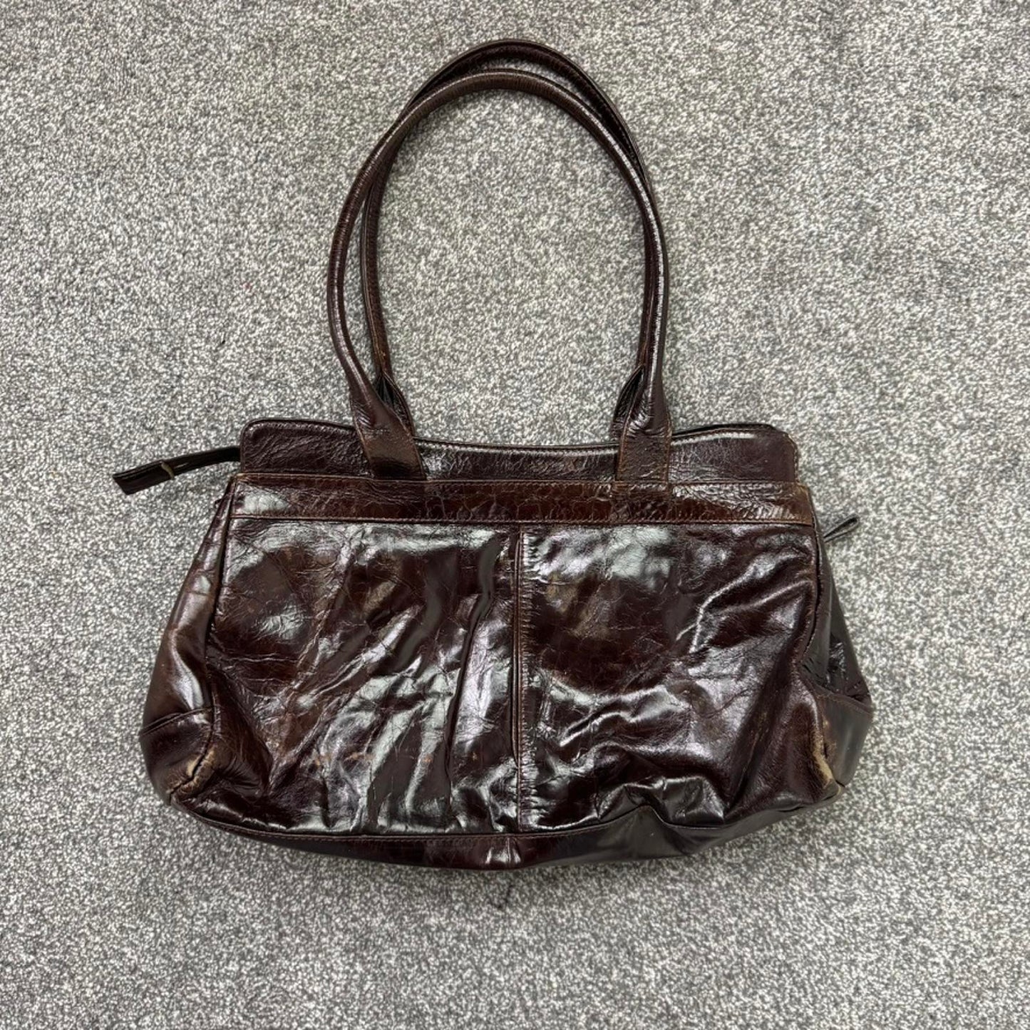 Y2K vintage genuine real leather patent shoulder bag zippers shiny medium size