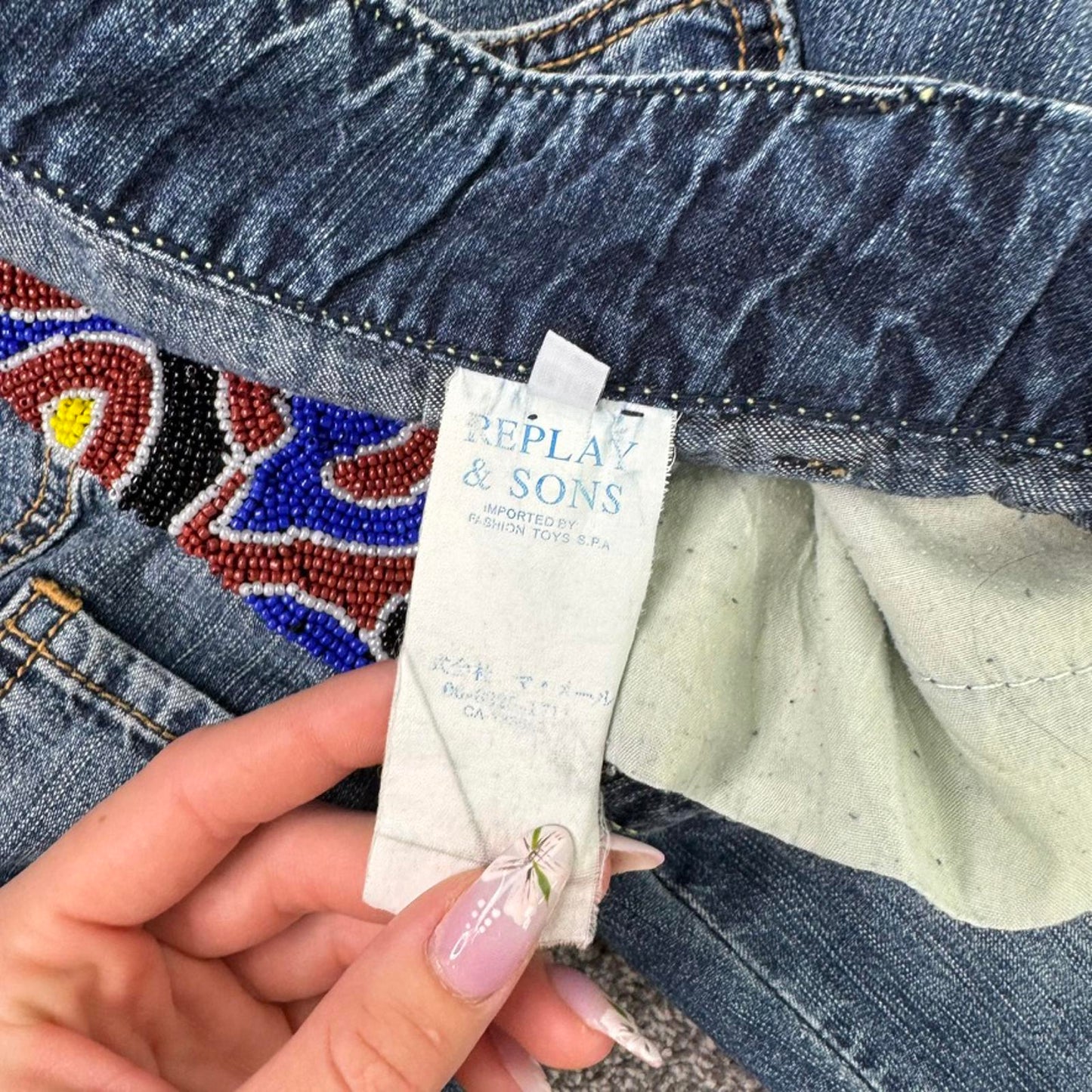 Y2K vintage low rise capri jeans baggy beaded embellished waistband cargo jorts