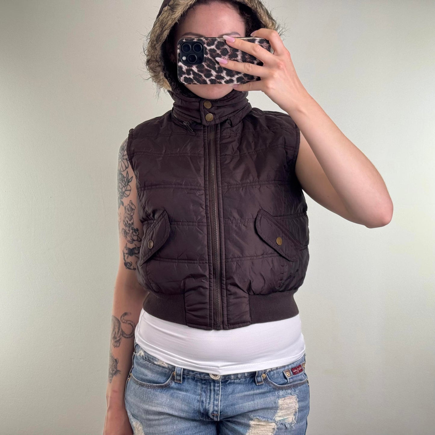 Y2K vintage lightweight puffer gilet sleeveless jacket faux fur trim hood zip up