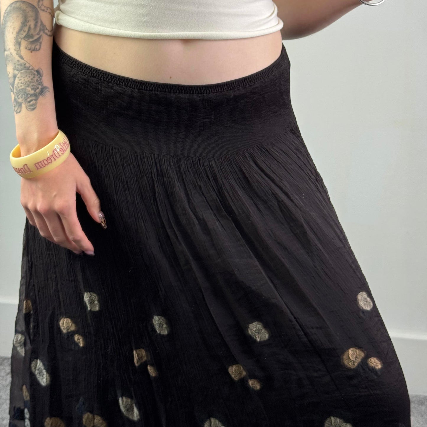 Y2K vintage stretchy maxi skirt floral sheer double overlay brown a line
