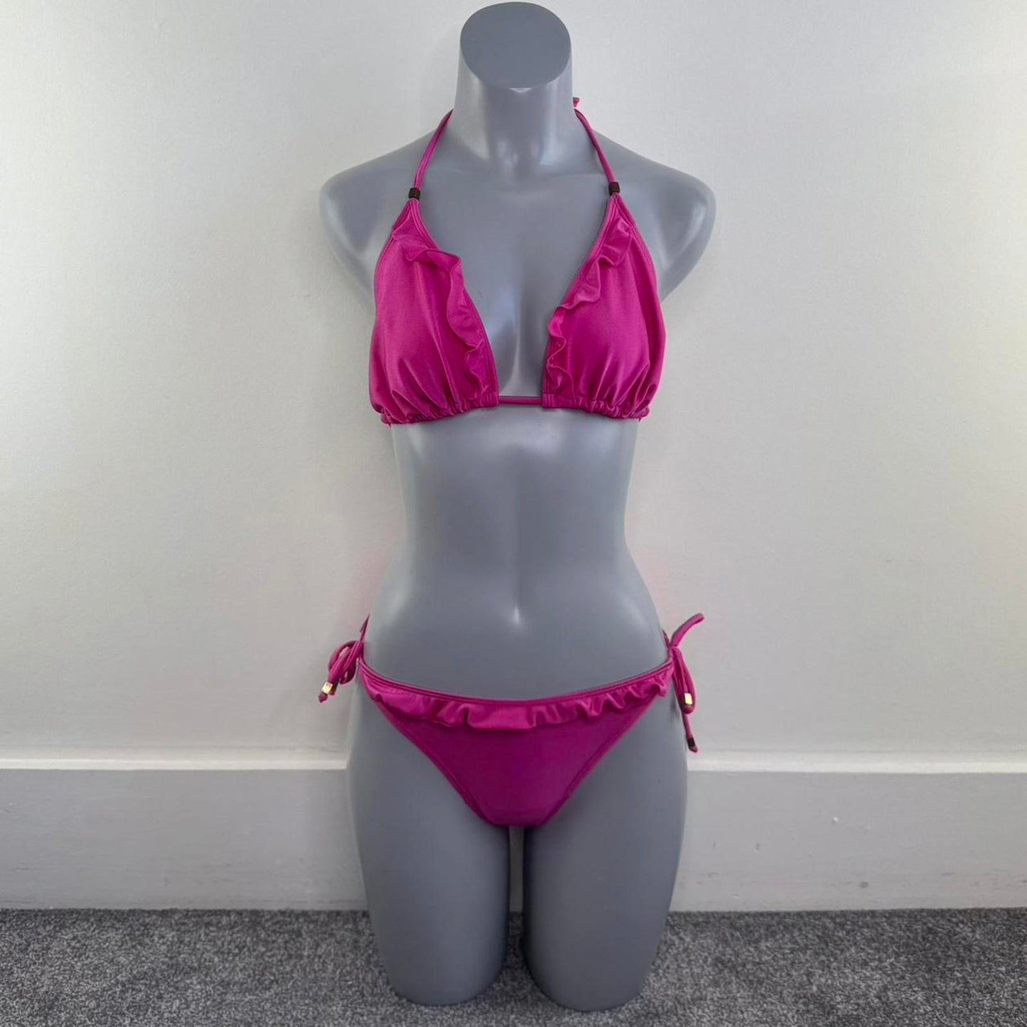 Y2K vintage shimmer matching bikini set halter neck ruffle frilly hot pink