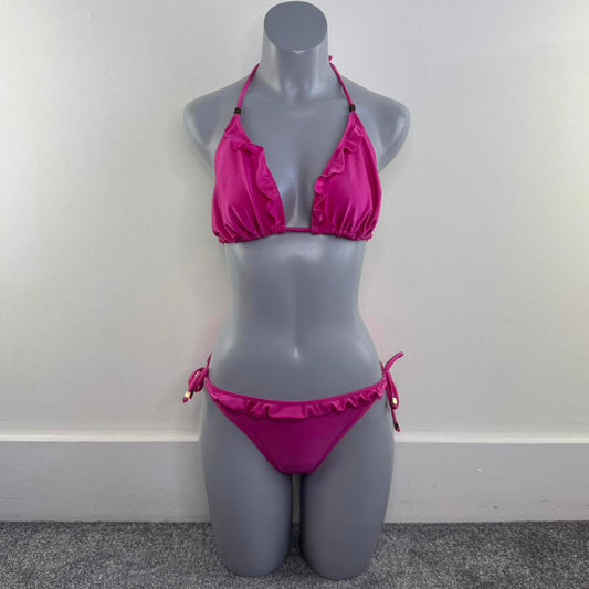 Y2K vintage shimmer matching bikini set halter neck ruffle frilly hot pink