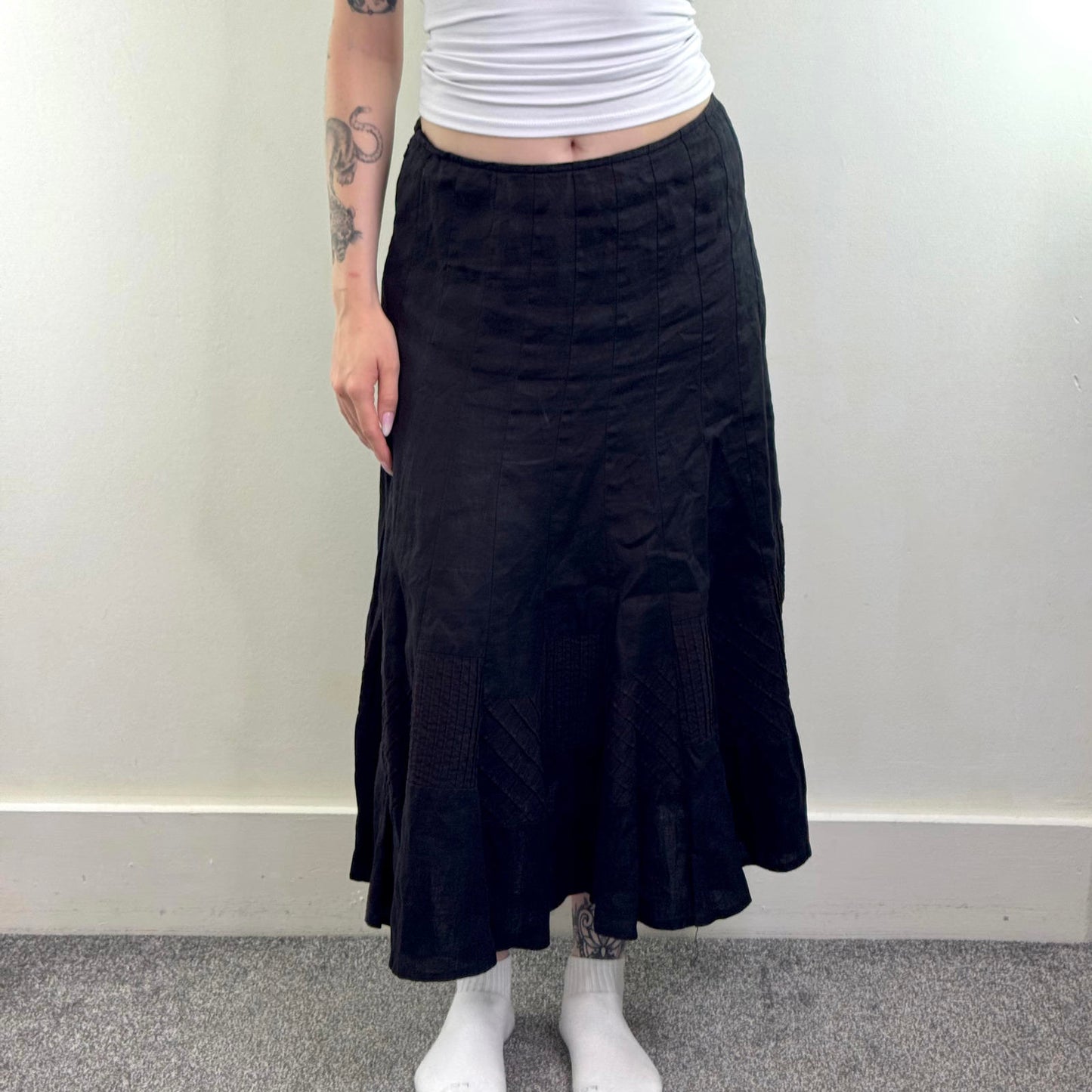 Y2K vintage 100% pure linen maxi skirt pattern hem trim stripe check black