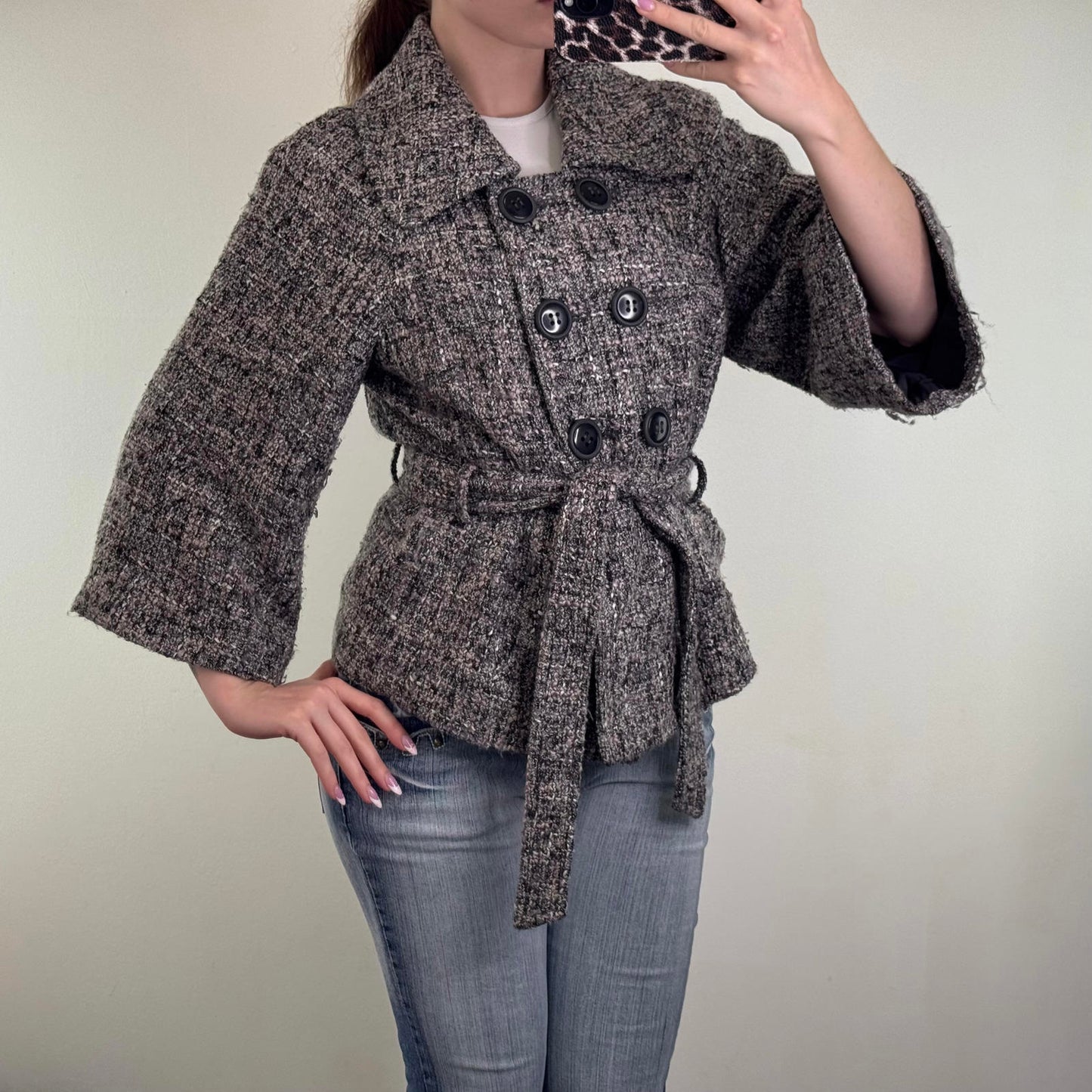 Y2K vintage wool blend pea coat jacket flare 3/4 sleeve with belt button up