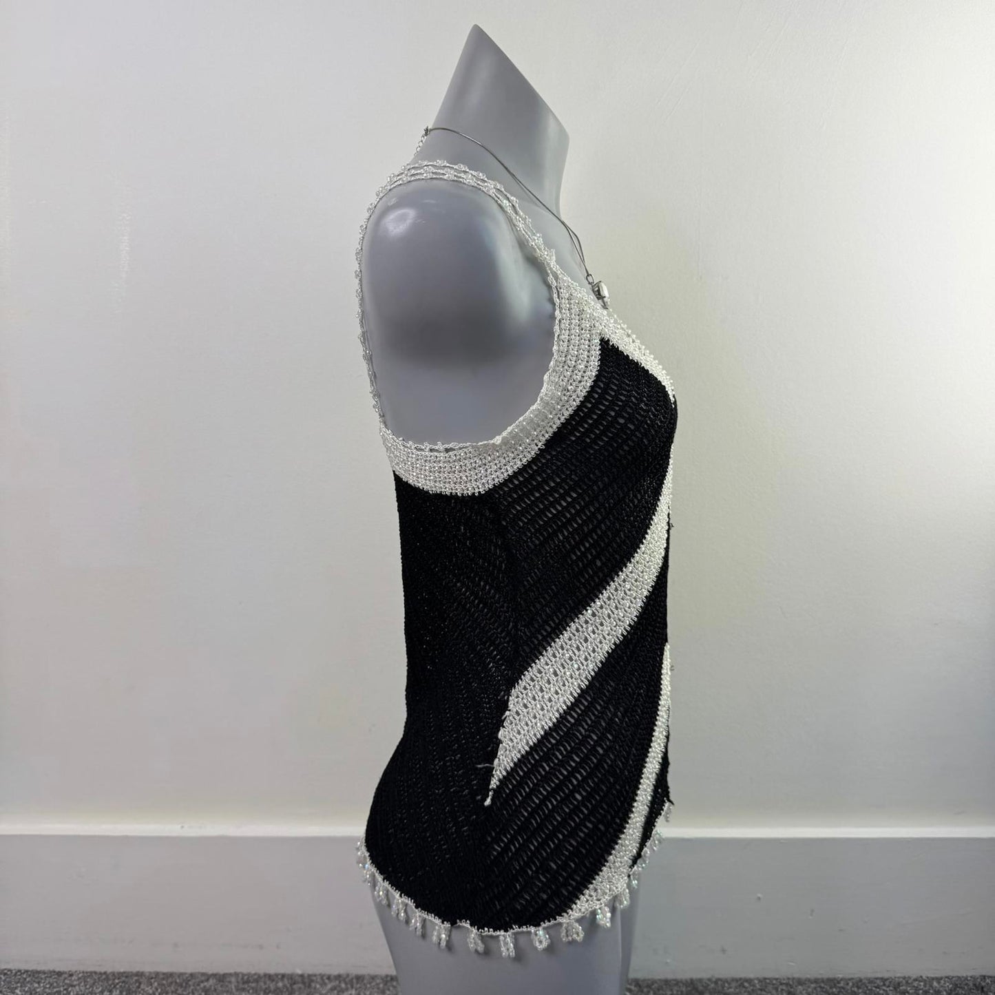 Y2K vintage crochet beaded sheer knit tank top strappy racerback chevron print