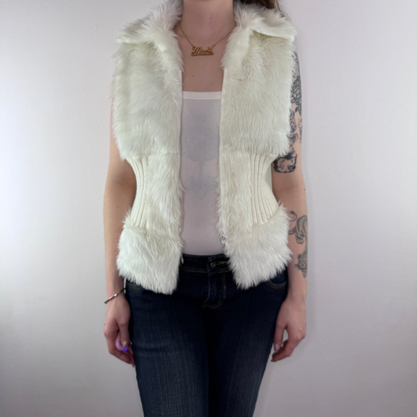 Y2K vintage faux fur sleeveless jacket zip up knit