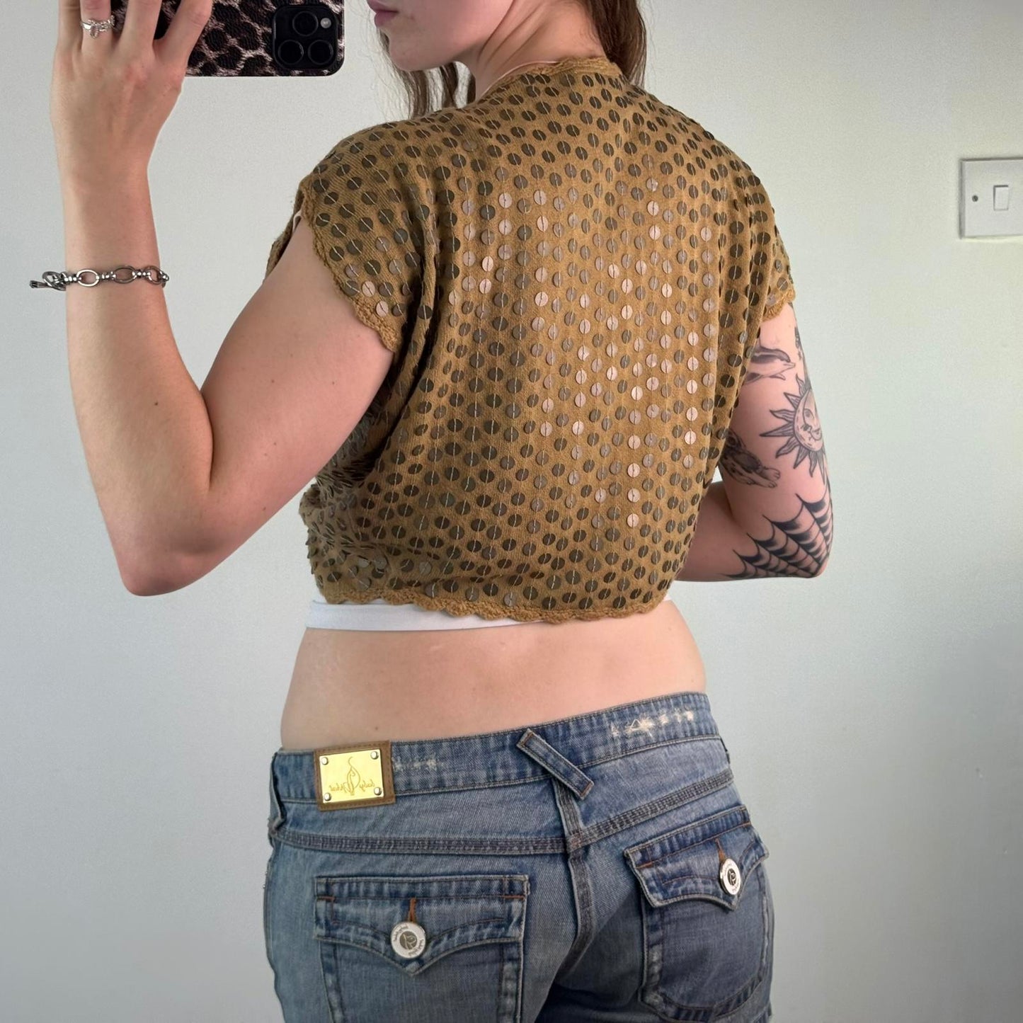 Y2K vintage cropped cardigan metal disc embellished short sleeve knitted beige