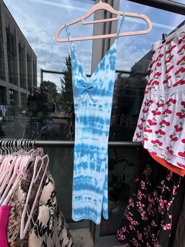 Y2K vinatge racer back tie dye midi dress ruched bust stretchy