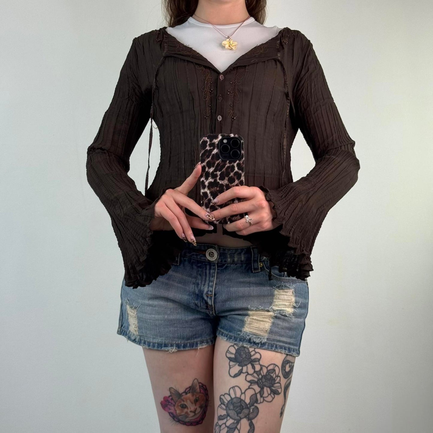 Y2K vintage sheer pleated button up blouse sheer floral embroidery beaded brown