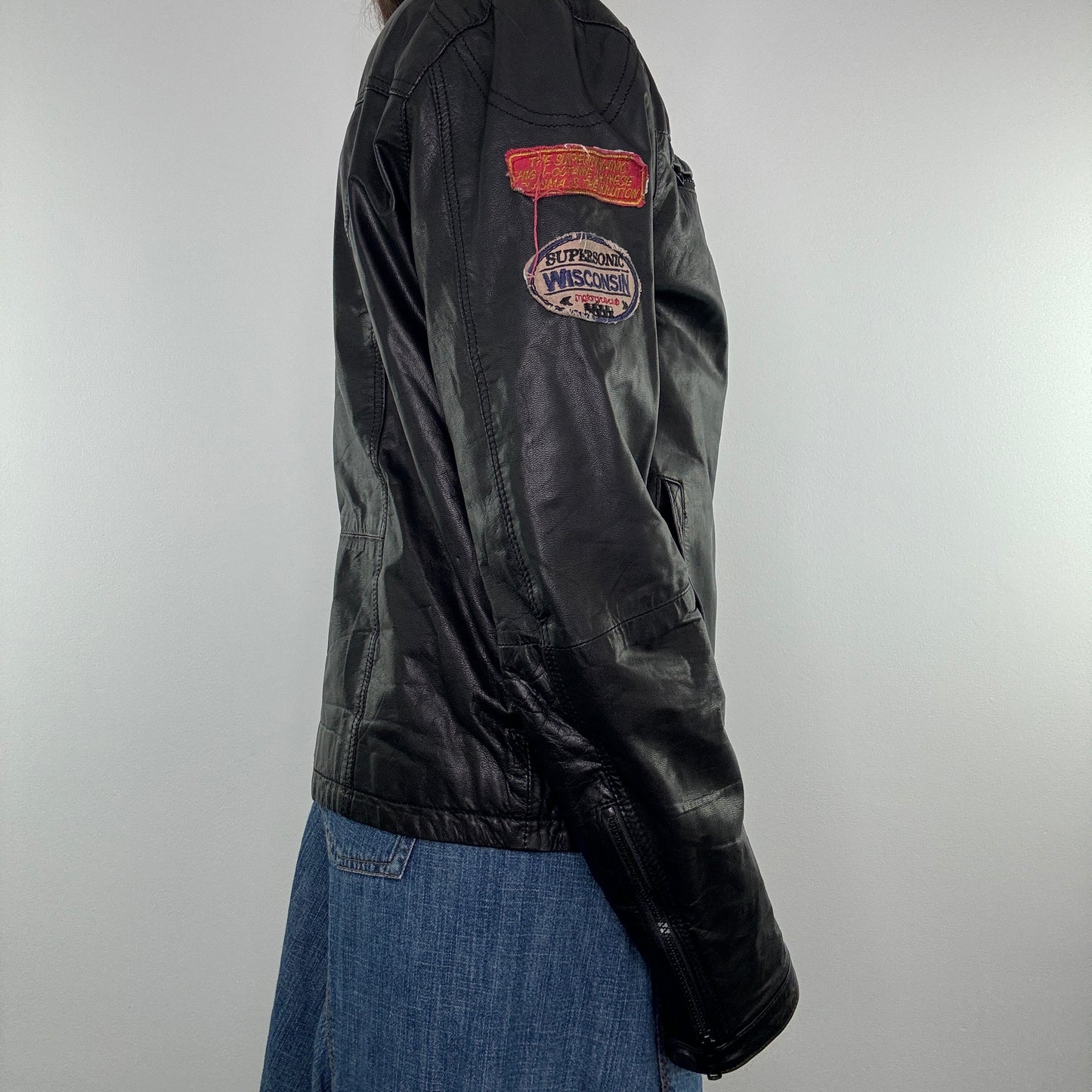 Y2K racing zip up faux leather jacket