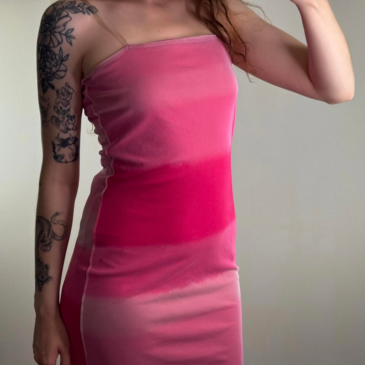 Y2K vintage ombre mesh overlay midi dress clear straps straight neck stripe pink