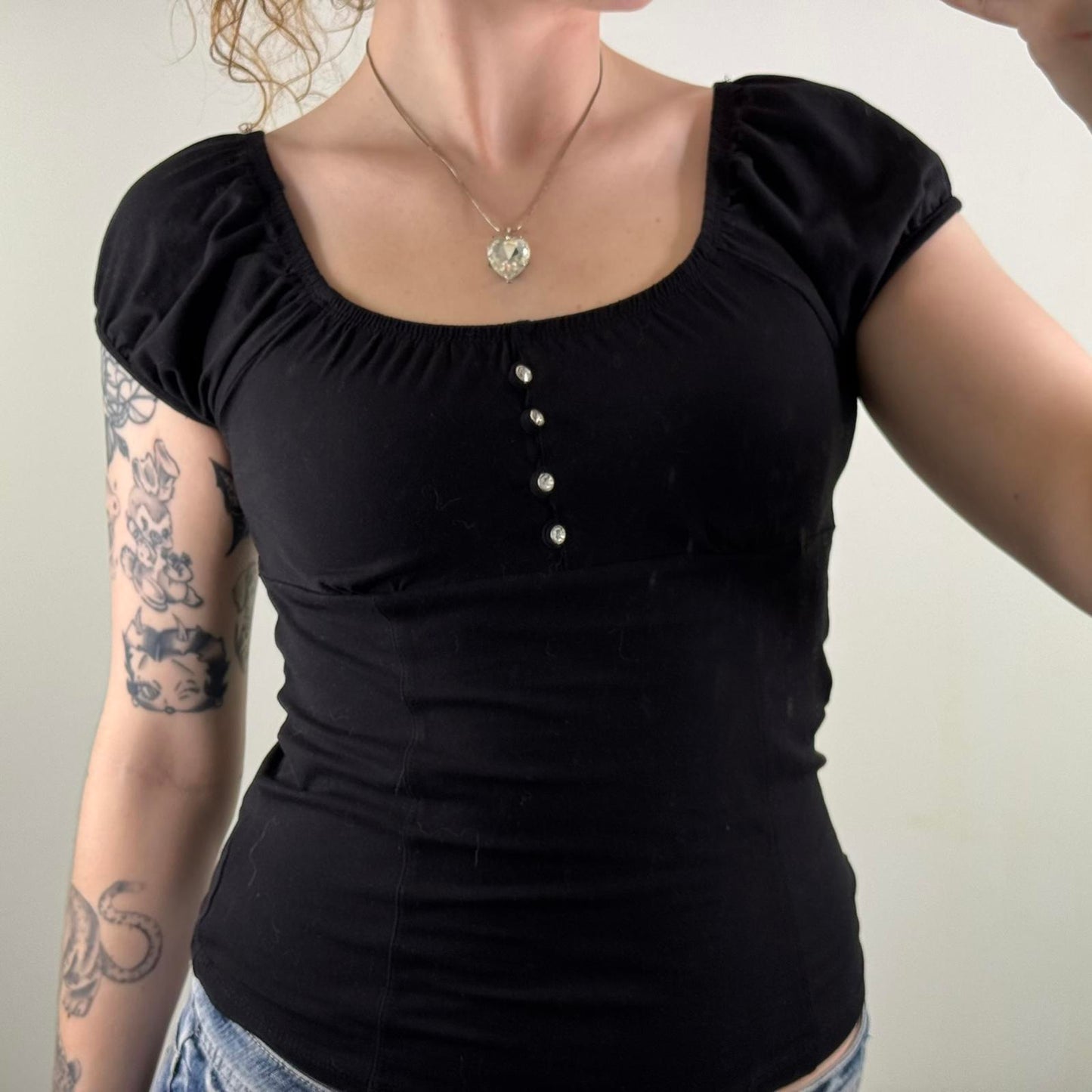 Y2K vintage milkmaid top cap sleeve rhinestone ruched bust flattering fitted