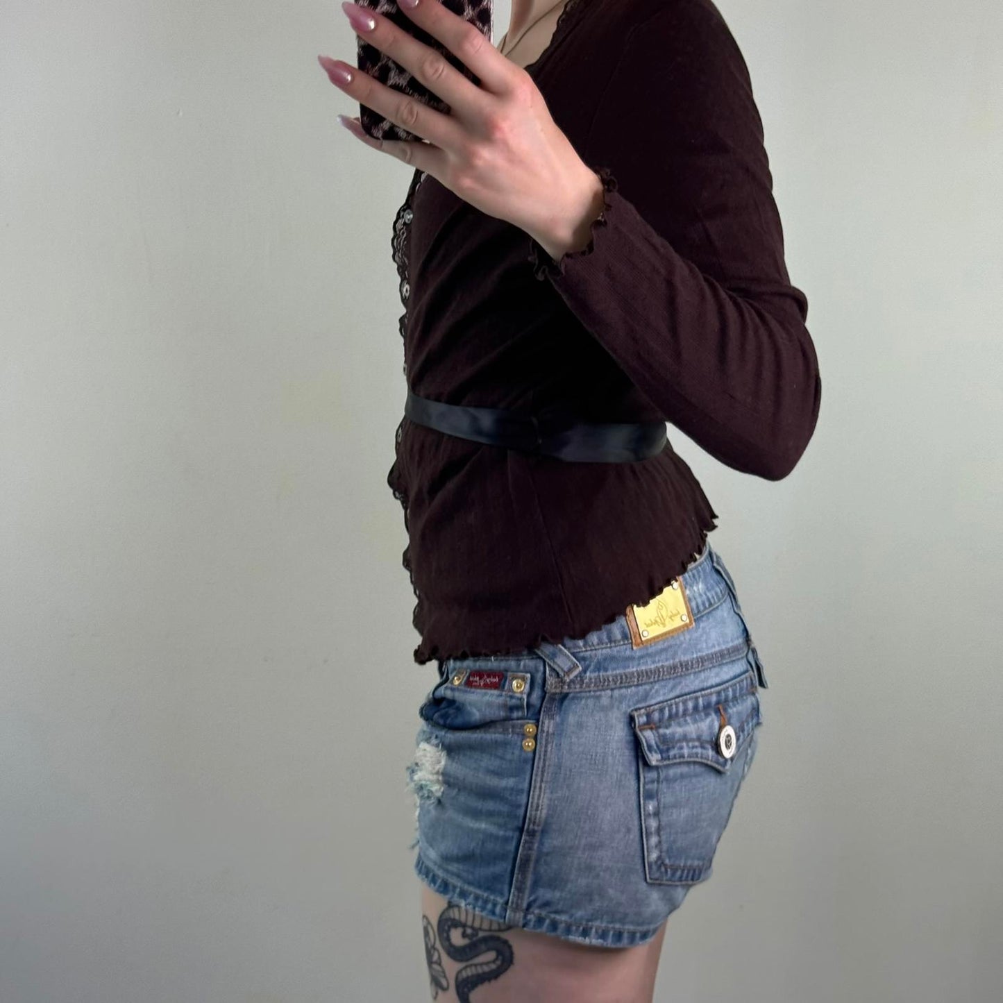 Y2K vintage fine knit button up cardigan satin bow v neck lace trim lettuce hem