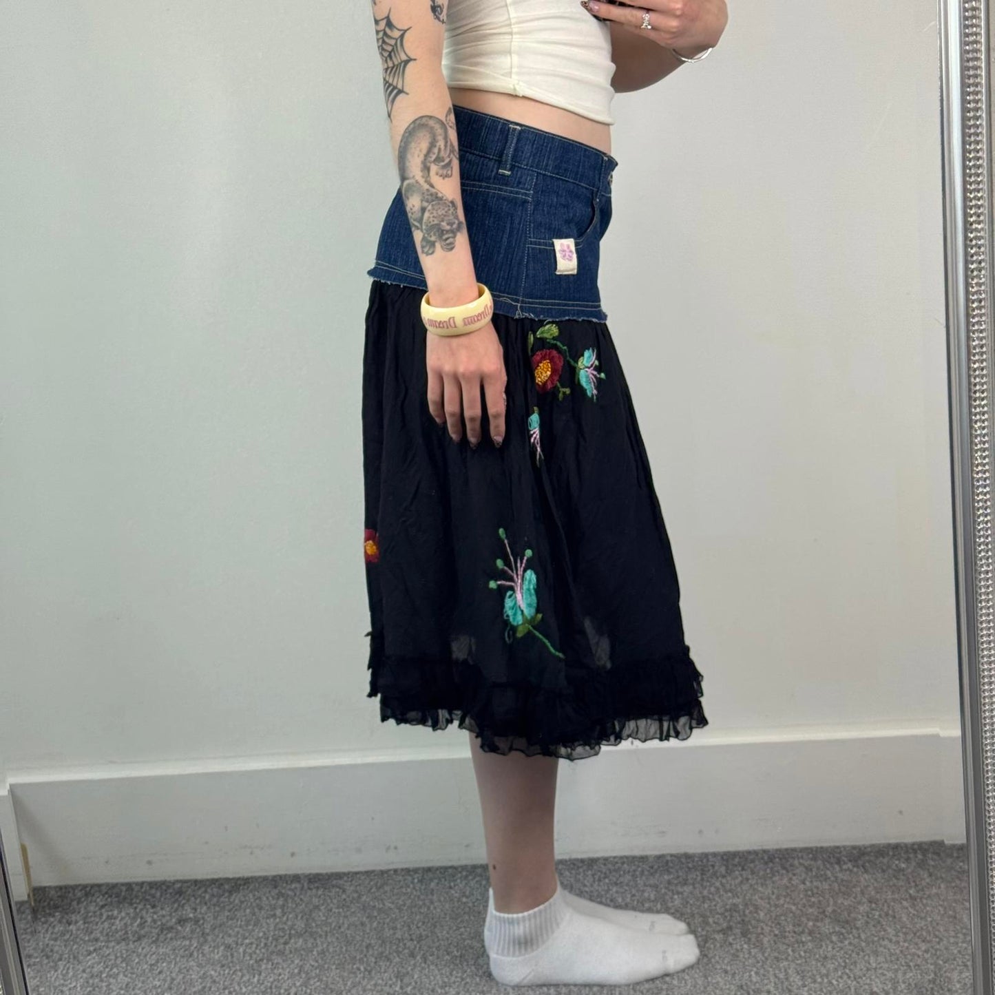 Y2K vintage boho denim cotton tiered embroidered midi skirt floral bird ruffle